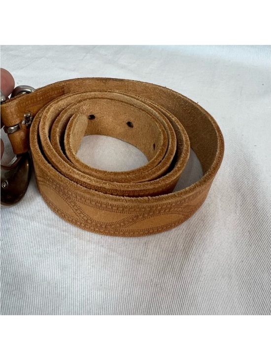 vintage tan etched Leather belt  with round chunky metal buckle